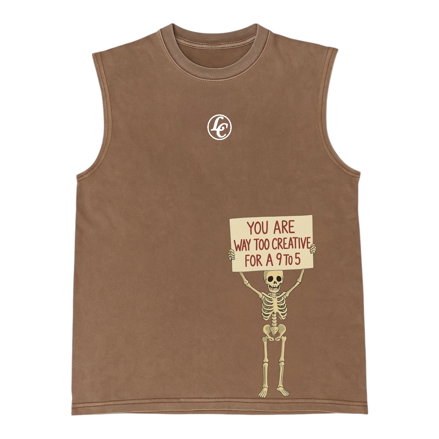 Brown sleeveless shirt with skeleton holding a sign on a white background